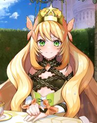 Rule 34 | 1girl, bare shoulders, blonde hair, bow, butterfly hair ornament, celine (fire emblem), closed mouth, crown, cup, detached sleeves, fire emblem, fire emblem: three houses, fire emblem engage, flower, green eyes, hair flower, hair ornament, kgtm 0321, long hair, looking at viewer, nintendo, orange bow, outdoors, plate, smile, solo, teacup, upper body, very long hair, wrist bow