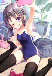 Rule 34 | 1girl, bag, black hair, black thighhighs, blue eyes, blue one-piece swimsuit, breasts, cellphone, child, commentary request, competition school swimsuit, grey skirt, hair ornament, hairclip, hatsuhi, head tilt, highres, indoors, looking at phone, one-piece swimsuit, original, phone, plant, potted plant, school bag, school swimsuit, selfie, short hair, sitting, skirt, unworn skirt, small breasts, smartphone, solo, stuffed animal, stuffed rabbit, stuffed toy, swimsuit, thighhighs, v, wariza