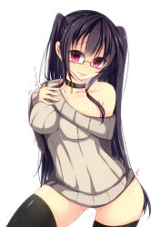 Rule 34 | 1girl, arm behind back, black hair, black thighhighs, bloodcatblack, blush, bottomless, breast suppress, breasts, collar, collarbone, contrapposto, covered erect nipples, cowboy shot, glasses, hand on own chest, heavy breathing, highres, large breasts, long hair, long sleeves, looking at viewer, naked sweater, nervous smile, no bra, no panties, off shoulder, original, pink eyes, pussy juice, red-framed eyewear, ribbed sweater, semi-rimless eyewear, simple background, sleeves past wrists, smile, solo, standing, sweater, thighhighs, trembling, two side up, under-rim eyewear, very long hair, white background