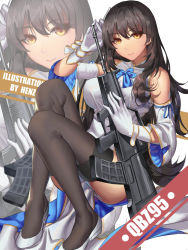 Rule 34 | 1girl, absurdres, artist name, assault rifle, black hair, black thighhighs, bow, bowtie, bracer, breasts, brown eyes, bullpup, character name, dress, english text, girls&#039; frontline, gloves, gun, hand in own hair, henz, highres, holding, holding weapon, large breasts, long hair, looking at viewer, qbz-95, rifle, shoes, sitting, smile, solo, thighhighs, type 95 (girls&#039; frontline), weapon, white background, white dress, white footwear, white gloves