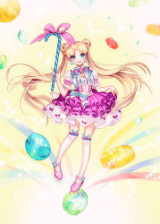 Rule 34 | 1girl, alternate costume, bishoujo senshi sailor moon, blonde hair, blue eyes, bow, candy, candy cane, corset, crescent, double bun, earrings, faustneo, food, frilled skirt, frills, full body, hair bun, jewelry, long hair, mary janes, pink bow, pink skirt, puffy sleeves, ribbon, shoes, skirt, smile, solo, thighhighs, tsukino usagi, twintails, very long hair, white thighhighs, yellow background