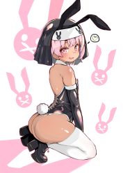 Rule 34 | 1girl, absurdres, animal ears, ass, bare shoulders, black footwear, black gloves, black leotard, blush, breasts, chocpocalypse, detached collar, elbow gloves, fake animal ears, full body, garter straps, gloves, habit, heart, heart-shaped pupils, high heels, highres, leotard, looking at viewer, open mouth, original, pink eyes, pink hair, playboy bunny, rabbit ears, rabbit tail, short hair, simple background, skindentation, small breasts, smile, solo, spoken heart, symbol-shaped pupils, tail, thighhighs, white background, white thighhighs