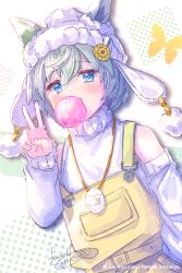 Rule 34 | 1girl, animal, animal ears, bare shoulders, beanie, blowing bubbles, blue eyes, bug, butterfly, chewing gum, detached sleeves, ears through headwear, grey hair, hair between eyes, hat, horse ears, insect, ittokyu, long sleeves, looking at viewer, overalls, seiun sky (umamusume), signature, sleeveless, sleeveless turtleneck, sleeves past wrists, solo, sweater, turtleneck, turtleneck sweater, twitter username, umamusume, v, white background, white hat, white sleeves, white sweater