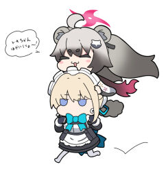 Rule 34 | 2girls, ahoge, animal ear fluff, animal ears, apron, black dress, black gloves, blue archive, blue bow, blue eyes, blush stickers, bow, chibi, closed eyes, commentary request, dress, fingerless gloves, gloves, grey hair, grey pantyhose, hair between eyes, halo, light brown hair, long hair, long sleeves, maid, maid headdress, michiru (blue archive), multiple girls, nyaru (nyaru 4126), open mouth, pantyhose, running, short eyebrows, simple background, tail, thick eyebrows, toki (blue archive), translation request, twintails, very long hair, white apron, white background, wide sleeves