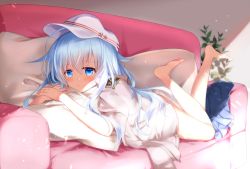 Rule 34 | 1girl, barefoot, blue eyes, blue skirt, commentary request, couch, flat cap, full body, hammer and sickle, hat, hibiki (kancolle), jewelry, kantai collection, long hair, lying, motohara moka, on stomach, pillow, plant, ring, shade, silver hair, skirt, solo, star (symbol), unworn skirt, verniy (kancolle), wedding band, white hat