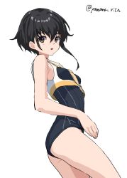 Rule 34 | 1girl, asymmetrical hair, black hair, black one-piece swimsuit, breasts, brown eyes, brown neckerchief, cowboy shot, crop top, framed breasts, hair between eyes, highres, i-13 (kancolle), kantai collection, neckerchief, one-hour drawing challenge, one-piece swimsuit, sailor collar, school swimsuit, short hair, simple background, small breasts, solo, swimsuit, white background, white sailor collar, yamano rita