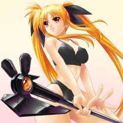 Rule 34 | 00s, 1girl, ayato, bardiche (assault form) (nanoha), bardiche (nanoha), blonde hair, bow, bra, breasts, fate testarossa, gradient background, hair bow, lingerie, long hair, lyrical nanoha, mahou shoujo lyrical nanoha, mahou shoujo lyrical nanoha strikers, panties, red eyes, simple background, solo, twintails, underwear, very long hair, weapon