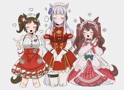 Rule 34 | ..., 3girls, alternate costume, alternate hairstyle, animal ears, blush, breasts, brown hair, closed eyes, closed mouth, gloves, gold ship (umamusume), grey hair, headphones, highres, horse ears, horse tail, ines fujin (melty gift) (umamusume), ines fujin (umamusume), long hair, maid headdress, medium breasts, medium hair, mejiro bright (starry snow lolita) (umamusume), mejiro bright (umamusume), multiple girls, open mouth, own hands together, pantyhose, side ponytail, simple background, sparkle, tail, twintails, umamusume, v56564v, white background