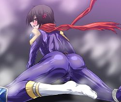 Rule 34 | 1boy, ass, black hair, blush, bodysuit, commentary, covered testicles, diodio, fang, hair ornament, hair ribbon, highres, looking at viewer, looking back, mashiro meme, nijisanji, open mouth, purple bodysuit, red scarf, ribbon, safety pin, scarf, skin fang, testicles, thighhighs, trap, virtual youtuber, white thighhighs, yellow eyes