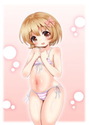 Rule 34 | 1girl, bikini, bow, breasts, brown eyes, brown hair, commentary request, cowboy shot, front-tie top, hair bow, hair ornament, hairclip, highres, hosizora mikoto, idolmaster, idolmaster cinderella girls, koga koharu, light brown hair, looking at viewer, navel, pink bikini, short hair, side-tie bikini bottom, small breasts, smile, solo, standing, striped, swimsuit