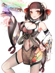 Rule 34 | 1girl, blunt bangs, breasts, brown hair, bun cover, cleavage, cleavage cutout, clothing cutout, detached sleeves, double bun, hair bun, hisho collection, large breasts, looking at viewer, navel, red eyes, see-through, short hair, simple background, smile, solo, tetsubuta, thighhighs, white background