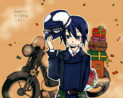 Rule 34 | 00s, 1girl, androgynous, artist request, black eyes, black hair, brimmed hat, confetti, flower, fur, gift, goggles, happy birthday, hat, hermes (kino no tabi), kino (kino no tabi), kino no tabi, motor vehicle, motorcycle, short hair, solo, tagme, vehicle