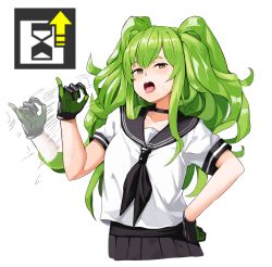 Rule 34 | 1girl, absurdres, afterimage, black choker, black neckerchief, black skirt, choker, collarbone, commentary, english commentary, girls&#039; frontline, gloves, green hair, hand on own hip, handjob gesture, highres, kion-kun, long hair, looking at viewer, m950a (ace on duty) (girls&#039; frontline), m950a (girls&#039; frontline), messy hair, motion lines, neckerchief, official alternate costume, open mouth, short sleeves, skirt, solo, tongue, tongue out, transparent background, yellow eyes