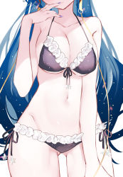 Rule 34 | 1girl, bare arms, bare shoulders, bikini, black bikini, blue hair, breasts, cleavage, closed mouth, cloud9, collarbone, commentary request, cowboy shot, finger to mouth, frilled bikini, frills, front-tie bikini top, front-tie top, gluteal fold, groin, halterneck, halterneck, hand up, head out of frame, highres, hinamori (18ar0), large breasts, long hair, nail polish, navel, purple nails, side-tie bikini bottom, simple background, smile, solo, stomach, swimsuit, very long hair, vienna (vtuber), virtual youtuber, white background