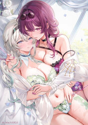 2girls alternate_breast_size black_collar black_hairband blue_eyes blush bra breast_press breasts cleavage collar collarbone commentary detached_collar eyewear_on_head firefly_(honkai:_star_rail) frilled_collar frills gradient_hair green_bra green_hair hair_between_eyes hairband hand_on_another&#039;s_shoulder highres honkai:_star_rail honkai_(series) kafka_(honkai:_star_rail) large_breasts lingerie long_hair looking_at_breasts machi_(machi0910) merchandise_available multicolored_hair multiple_girls nail_polish panties parted_lips purple_bra purple_eyes purple_hair purple_nails purple_panties sidelocks smile stomach strap_slip sweat symbol-only_commentary twitter_username two-tone_eyes underwear underwear_only white_bra white_collar white_hair white_panties yuri