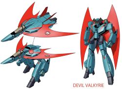 Rule 34 | aircraft, airplane, arms at sides, canopy (aircraft), character name, choujikuu yousai macross, clenched hands, commentary request, devilman, devilman (character), fighter jet, fusion, gerwalk, jet, k16 (r area2019), macross, mecha, mechanization, military vehicle, multiple views, no humans, parody, radio antenna, robot, roundel, science fiction, simple background, standing, vf-1, white background, yellow eyes