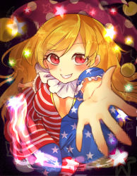 Rule 34 | 1girl, american flag, american flag dress, american flag legwear, blonde hair, breasts, cleavage, cleavage cutout, clothing cutout, clownpiece, commentary request, fire, foreshortening, glowing, grin, hat, jester cap, konnyaku (yuukachan 51), long hair, looking at viewer, medium breasts, neck ruff, open hand, pantyhose, pixelated, purple hat, reaching, reaching towards viewer, red eyes, smile, solo, star (symbol), striped, torch, touhou
