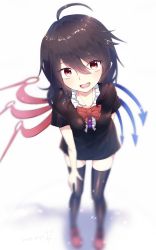 Rule 34 | 1girl, :d, ahoge, asymmetrical wings, bent over, black dress, black hair, black thighhighs, blue wings, blurry, blurry foreground, blush, bow, bowtie, breasts, center frills, dress, eyelashes, fang, fangs, fingernails, foot out of frame, footwear bow, frills, hair between eyes, hand on thigh, highres, houjuu nue, kisamu (ksmz), looking at viewer, lower teeth only, nail polish, open mouth, red bow, red bowtie, red eyes, red nails, red wings, short dress, short hair, short sleeves, simple background, slit pupils, small breasts, smile, solo, standing, teeth, thighhighs, touhou, weapon, white background, wings, wristband, zettai ryouiki