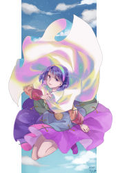 Rule 34 | 1girl, blue eyes, blue hair, boots, cape, cloud, cloud print, cloudy sky, commentary, dated, full body, headband, highres, legs folded, long sleeves, looking at viewer, m (neteitai10), multicolored clothes, patchwork clothes, pouch, puffy long sleeves, puffy sleeves, purple footwear, rainbow gradient, short hair, signature, sky, smile, solo, tenkyuu chimata, touhou, white cape, zipper dress