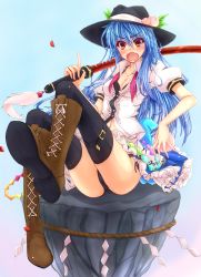 Rule 34 | 1girl, black panties, black thighhighs, blue hair, blush, boots, breasts, cleavage, collarbone, cross-laced footwear, fang, female focus, food, fruit, hat, hat ribbon, highres, hinanawi tenshi, long hair, mickey dunn, midriff, open mouth, over shoulder, panties, pantyshot, peach, petals, puffy sleeves, red eyes, ribbon, rock, shirt, short sleeves, sitting, sitting on rock, skirt, solo, sword, sword of hisou, sword over shoulder, thighhighs, touhou, underwear, upskirt, weapon, weapon over shoulder