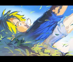 Rule 34 | 1boy, arms up, blonde hair, blue shirt, bug, butterfly, butterfly on mouth, commentary, curly eyebrows, highres, insect, letterboxed, lying, male focus, mrjieshisu, on back, on grass, one piece, profile, sanji (one piece), shirt, short hair, sky, sleeves rolled up, solo, upper body