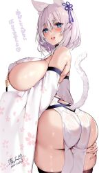 Rule 34 | 1girl, animal ears, ass, bare shoulders, black thighhighs, blue eyes, blush, breasts, cat ears, cat tail, covered erect nipples, detached sleeves, from behind, hair ornament, highres, huge ass, huge breasts, looking at viewer, looking back, mataro (matarou), open mouth, original, pelvic curtain, shiny skin, short hair, sideboob, simple background, skindentation, smile, solo, standing, tail, thighhighs, white background, white hair, wide sleeves