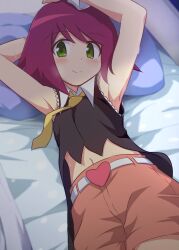 1girl armpits arms_up belt black_shirt breasts closed_mouth collared_shirt commentary_request cowboy_shot curakuru green_eyes heart_belt looking_at_viewer lying medium_hair mega_man_(series) mega_man_star_force_(series) midriff navel necktie on_back on_bed orange_shorts purple_hair shirt shorts sleeveless sleeveless_shirt small_breasts smile solo sonia_strumm_(mega_man) split_mouth white_belt yellow_necktie