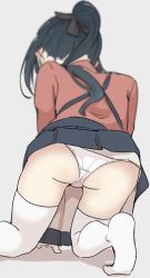 Rule 34 | 1girl, ass, black hair, blue skirt, blurry, depth of field, gluteal fold, grey background, highres, houshou (kancolle), japanese clothes, kantai collection, kimono, long hair, lying, namakura neo, on back, panties, pink kimono, ponytail, simple background, skirt, solo, thighhighs, underwear, white panties, white thighhighs