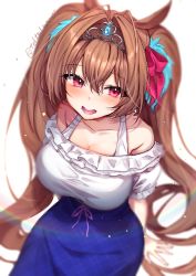 Rule 34 | 1girl, animal ears, bare shoulders, blue skirt, blurry, blurry background, blush, breasts, brown hair, cleavage, collarbone, daiwa scarlet (umamusume), frilled shirt, frills, from above, hair between eyes, hair intakes, hair ornament, hair ribbon, highres, horse ears, horse girl, large breasts, long hair, looking at viewer, off shoulder, open mouth, pink ribbon, red eyes, ribbon, shirt, short sleeves, simple background, skirt, smile, solo, teltelhousi, tiara, twitter username, umamusume, very long hair, white background, white shirt