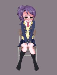 Rule 34 | 1girl, between legs, black socks, blue jacket, blue skirt, blush, chair, clenched teeth, embarrassed, female focus, flat chest, full body, grey background, hand between legs, have to pee, jacket, kneehighs, kyuujuu, long sleeves, miniskirt, necktie, nose blush, own hands together, plaid, plaid skirt, pleated skirt, ponytail, pretty series, pripara, purple hair, red necktie, school uniform, shirt, short hair, simple background, sitting, skirt, socks, solo, sweater, tears, teeth, textless version, toudou shion, v arms, white shirt, yellow eyes, yellow sweater