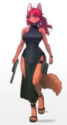 Rule 34 | 1girl, :3, absurdres, animal ear fluff, animal ears, animal feet, animal nose, artist name, bare shoulders, black dress, black footwear, blue eyes, body fur, breasts, claws, collarbone, commission, covered navel, dress, feet, female focus, fox ears, fox girl, fox tail, furry, furry female, gradient background, gun, hair between eyes, handgun, happy, heterochromia, high heels, highres, holding, holding gun, holding weapon, large breasts, leg up, long dress, long hair, looking at viewer, matching hair/eyes, orange fur, original, parted lips, pawpads, pelvic curtain, pgm300, pouch, red eyes, red hair, sandals, side slit, sidelocks, signature, simple background, smile, solo, standing, standing on one leg, suppressor, tail, teeth, thigh pouch, thigh strap, toes, trigger discipline, v-shaped eyebrows, watch, weapon, white background, wristwatch