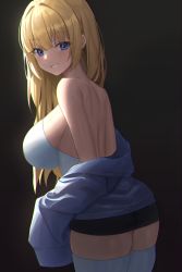 Rule 34 | 1girl, absurdres, ass, back, backless outfit, backlighting, bare shoulders, black background, black skirt, blonde hair, blue eyes, blue jacket, breasts, cowboy shot, from behind, grin, highres, jacket, large breasts, leaning forward, long hair, long sleeves, looking at viewer, looking back, microskirt, off shoulder, original, pucohiiiii, shirt, simple background, skirt, sleeveless, sleeveless shirt, sleeves past fingers, sleeves past wrists, smile, solo, standing, thighhighs, thighs, white shirt, white thighhighs, zettai ryouiki
