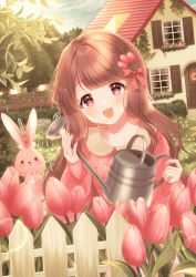 Rule 34 | 1girl, :d, aran sweater, arms up, blue sky, blunt bangs, brick wall, brown hair, cable knit, chair, cloud, commentary, day, dutch angle, fence, flower, grass, hair flower, hair ornament, hair ribbon, head tilt, highres, holding, holding watering can, house, kompeitou (lemon garden), light blush, long hair, long sleeves, looking at viewer, open mouth, original, outdoors, picket fence, pink eyes, pink flower, pink sweater, planter, rabbit, ribbon, sky, smile, solo, sweater, symbol-only commentary, table, tree, tulip, very long hair, watering can, wooden fence, wreath, yellow flower
