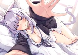 Rule 34 | 1girl, ahoge, animal ear fluff, animal ears, bare legs, barefoot, bed sheet, black cardigan, blurry, blurry foreground, blush, breast pocket, breasts, cardigan, cat ears, cat girl, cat tail, cleavage, collarbone, collared shirt, commentary, depth of field, dress shirt, english commentary, flask (pandora), gloves, hololive, imminent hug, large breasts, long sleeves, looking at viewer, lying, nekomata okayu, nekomata okayu (oversized shirt), no bra, no panties, official alternate costume, on bed, on side, open cardigan, open clothes, open mouth, partially fingerless gloves, pillow, pocket, pov, purple eyes, purple hair, purple ribbon, ribbon, shirt, short hair, solo, tail, virtual youtuber