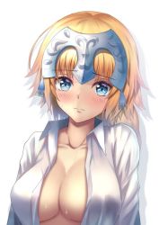 Rule 34 | 1girl, blonde hair, blue eyes, blush, braid, breasts, cleavage, collarbone, dress shirt, fate/grand order, fate (series), headpiece, jeanne d&#039;arc (fate), jeanne d&#039;arc (ruler) (fate), large breasts, long braid, long hair, looking at viewer, mishiro (ixtlolton), open clothes, open shirt, shirt, simple background, single braid, solo, sweat, white background