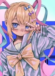 Rule 34 | 1girl, blonde hair, blue bow, blue eyes, blue hair, blue nails, blue shirt, blush, bow, chouzetsusaikawa tenshi-chan, closed mouth, commentary, hair bow, hair ornament, hand up, heart, heart hair ornament, highres, long hair, long sleeves, looking at viewer, multicolored hair, multiple hair bows, nanoni!, needy girl overdose, pink bow, pink hair, purple bow, quad tails, sailor collar, shirt, solo, symbol-only commentary, twintails, upper body, v, v over eye, very long hair, window (computing), yellow bow