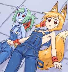 Rule 34 | 2girls, :&lt;, animal ears, arinko (ant-lion), blonde hair, blue oni, blue skin, bow, breasts, colored skin, dutch angle, female focus, fox ears, fox tail, green hair, grin, hair bow, multiple girls, naked overalls, oni, original, overalls, red bow, small breasts, smile, tail