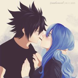 Rule 34 | 1boy, 1girl, annlu vazzel, artist name, black hair, black shirt, black sweater, blue eyes, blue hair, breasts, closed eyes, commentary, couple, dated, english commentary, facing another, fairy tail, food, gray fullbuster, hand on another&#039;s neck, hetero, highres, juvia lockser, large breasts, long hair, looking at another, pocky, pocky day, pocky kiss, shared food, shirt, smile, spiked hair, sweater