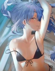 Rule 34 | 1girl, absurdres, animal ear fluff, arm up, armpits, bare arms, bare shoulders, bikini, black bikini, blue hair, braid, breasts, collarbone, commentary, front-tie bikini top, front-tie top, half-closed eyes, heart, heart-shaped pupils, highres, hololive, long hair, looking at viewer, lying, on back, orange eyes, parted lips, profile, seicoh, side-tie bikini bottom, small breasts, solo, strap slip, string bikini, swimsuit, symbol-shaped pupils, twin braids, twintails, upper body, usada pekora, virtual youtuber