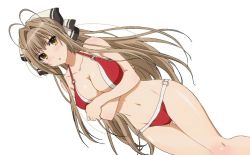 Rule 34 | 10s, 1girl, amagi brilliant park, antenna hair, bare shoulders, bikini, black eyes, blush, breast hold, breasts, brown hair, cleavage, hair ribbon, large breasts, long hair, navel, o-ring, o-ring bottom, o-ring top, official art, ponytail, red bikini, ribbon, sento isuzu, shiny skin, simple background, solo, standing, swimsuit, thighs, white background, yellow eyes