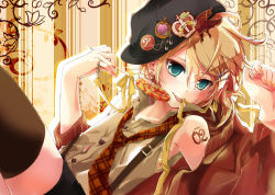 Rule 34 | 1boy, alternate costume, blonde hair, blue eyes, candy, earrings, food, hair ornament, hairclip, hat, hekicha, jewelry, kagamine len, lollipop, male focus, necktie, pin, safety pin, shorts, shoulder tattoo, sleeveless, solo, suspenders, tattoo, thighhighs, tongue, tongue out, vocaloid