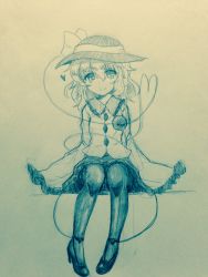 Rule 34 | 1girl, blush, bow, closed mouth, commentary request, efukei, full body, hair between eyes, hat, hat bow, heart, heart of string, high heels, komeiji koishi, looking at viewer, monochrome, pantyhose, sitting, skirt, sleeves past wrists, smile, solo, third eye, touhou, traditional media