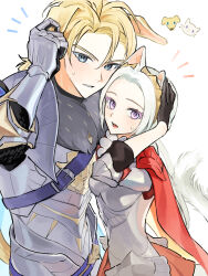 Rule 34 | 1boy, 1girl, animal ears, arm up, armor, armored gloves, armored skirt, belt, black gloves, blonde hair, blue belt, blue eyes, breastplate, cape, cat ears, chest belt, commentary request, dog ears, fire emblem, fire emblem: three houses, fire emblem warriors: three hopes, fur trim, gauntlets, gloves, grey fur, hair between eyes, hand in own hair, highres, ikaikakka, kemonomimi mode, korean commentary, nintendo, notice lines, open mouth, parted lips, pauldrons, purple eyes, red cape, red skirt, shoulder armor, skirt, sweat, sweatdrop, tail, teeth, tiara, upper teeth only, white hair