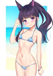 Rule 34 | 1girl, arm up, bad id, bad pixiv id, bangle, bare arms, bare shoulders, bikini, blue bikini, blunt bangs, blush, bracelet, breasts, closed mouth, commentary request, day, groin, high ponytail, highres, jewelry, k mugura, kasumi (princess connect!), long hair, looking at viewer, navel, ponytail, princess connect!, purple eyes, purple hair, small breasts, solo, standing, swimsuit