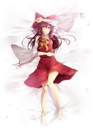 Rule 34 | 1girl, absurdres, amase (siki696), arm up, barefoot, bow, brown eyes, brown hair, detached sleeves, female focus, from above, hair bow, hakurei reimu, highres, japanese clothes, lying, miko, on back, petals, smile, solo, touhou, wide sleeves