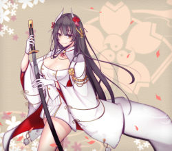 Rule 34 | 10s, 1girl, azur lane, black hair, breasts, cleavage, cleavage cutout, closed mouth, clothing cutout, cowboy shot, dress, flower, gloves, hair flower, hair ornament, hand up, hiei (azur lane), highres, holding, holding sword, holding weapon, horns, japanese clothes, katana, large breasts, light smile, long hair, long sleeves, looking at viewer, miniskirt, petals, red flower, red rose, rose, sheath, short dress, skirt, solo, standing, sword, tetsu (excalibur920), unsheathed, unsheathing, very long hair, weapon, white gloves, wide sleeves, yellow eyes