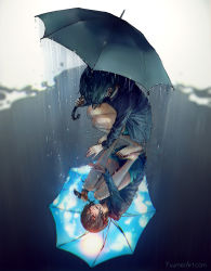 Rule 34 | 1girl, barefoot, black eyes, black hair, commentary, different reflection, double m/, from above, highres, holding, holding umbrella, m/, original, puddle, rain, reflection, reflective water, short hair, shorts, solo, squatting, umbrella, watermark, web address, yuumei