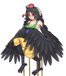 Rule 34 | 1girl, bare shoulders, bird legs, black hair, black wings, book, breasts, caramella licarush, chair, cleavage, clothes writing, commentary, commission, cosplay, english commentary, feathered wings, feathers, glasses, green tank top, harpy, hat, highres, holding, holding book, karasu tengu (monster girl encyclopedia), large breasts, long hair, monet (one piece), monet (one piece) (cosplay), monster girl, one piece, original, red eyes, round eyewear, sitting, smile, solo, striped leggings, tank top, tokin hat, winged arms, wings