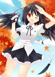 Rule 34 | 1girl, ;d, autumn, autumn leaves, black hair, black wings, camera, fall, feathered wings, hat, holding, leaf, looking at viewer, one eye closed, open mouth, red eyes, shameimaru aya, short hair, smile, solo, takase kanan, tokin hat, touhou, wind, wings