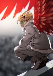 Rule 34 | 10s, 1boy, ankle boots, blonde hair, blurry, blurry background, boku no hero academia, boots, brown eyes, coat, day, depth of field, feathered wings, from behind, full body, fur collar, glaring, goggles, grey coat, grey footwear, grey pants, hawks (boku no hero academia), headphones, highres, long sleeves, looking at viewer, looking back, male focus, outdoors, pants, red wings, rooftop, solo, squatting, thick eyebrows, wings, winter clothes, winter coat, yoshio (55level)